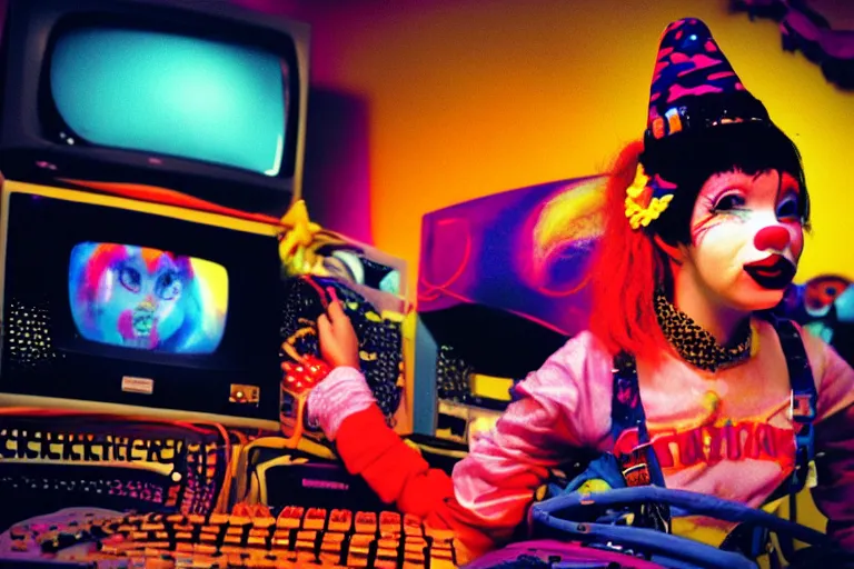 Prompt: cute clowngirl in clowncore cyberspace, fractal, in 2 0 5 5, y 2 k cutecore clowncore, bathed in the glow of a crt television, crt screens in background, low - light photograph, in style of tyler mitchell