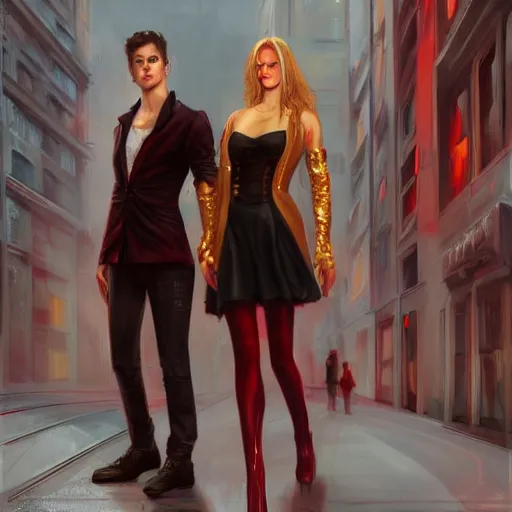 Prompt: adult pair of twins, male and female, arrogant, urban fantasy, half portrait, urban background, highly detailed, digital painting, artstation, concept art, sharp focus, smooth, art by livia prima and magali villeneuve, elegant red black and gold clothing