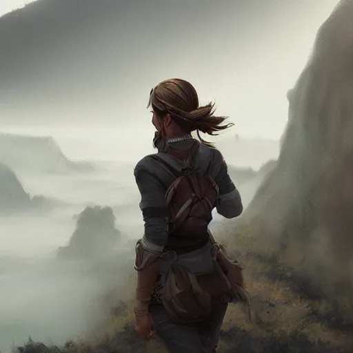 Image similar to digital portrait painting of an adventurer woman facing away from the camera, looking at cliffs and mountains in the distant fog, trending on artstation, cgsociety