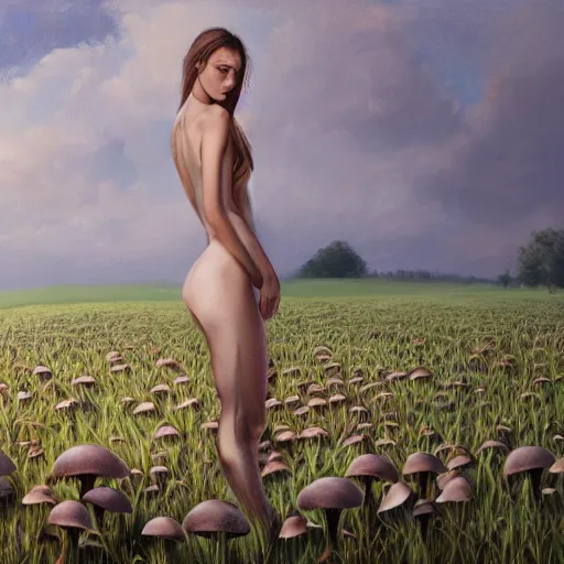 Image similar to a vogue model in a field of mushrooms, oil painting, pale colors, high detail, 8 k, wide angle, trending on artstation,