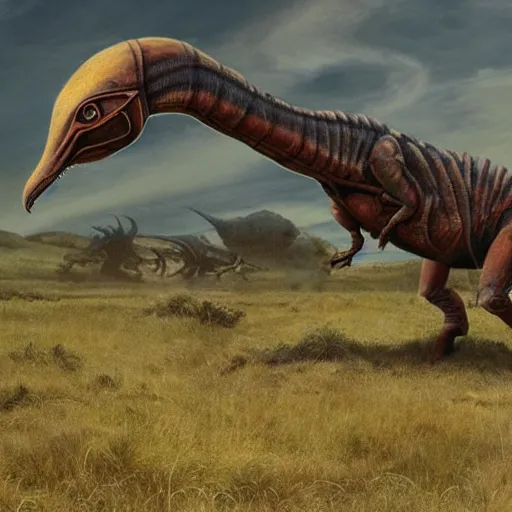 Prompt: alien insectoid dinosaurs roam the plains