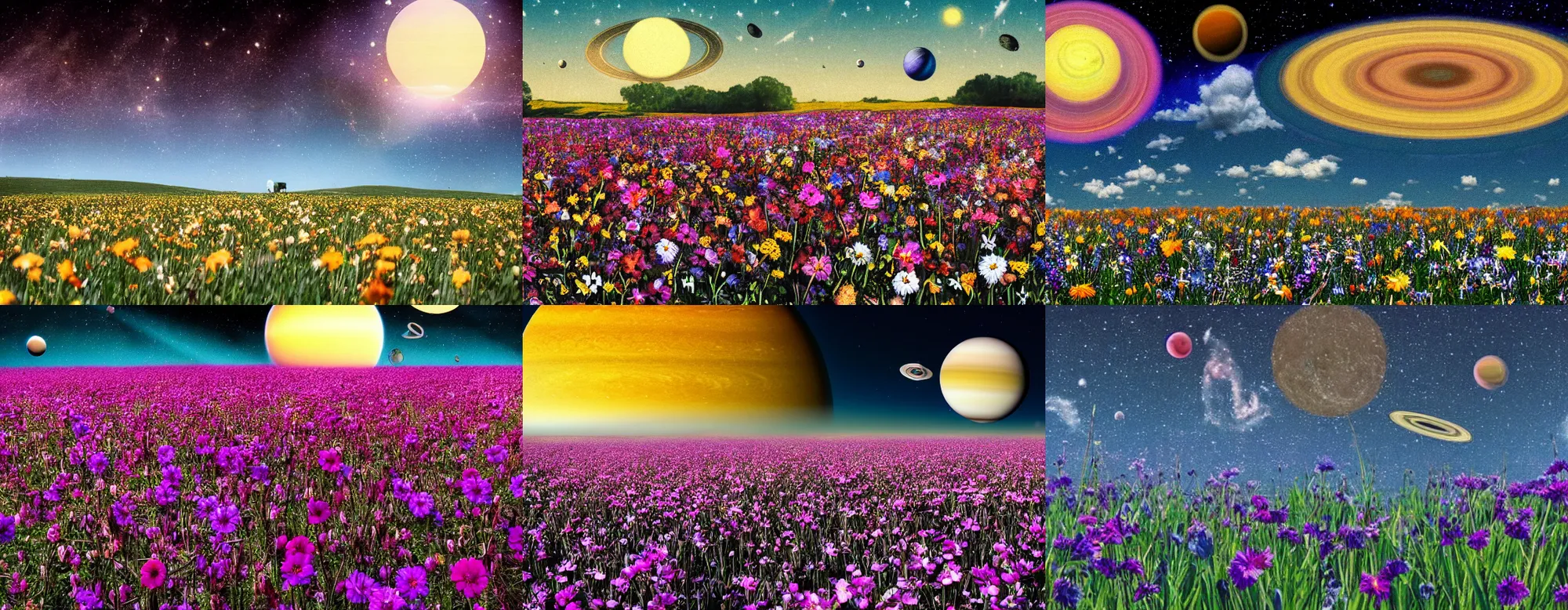 Prompt: Field of flowers with the planet Saturn in sky above