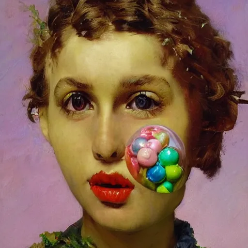 Image similar to a sculpture portrait made of candys and lollipops and chocolate and plants, painting part by wojciech siudmak, part by ilya repin, part by max ernst, part by norman rockwell, artstation