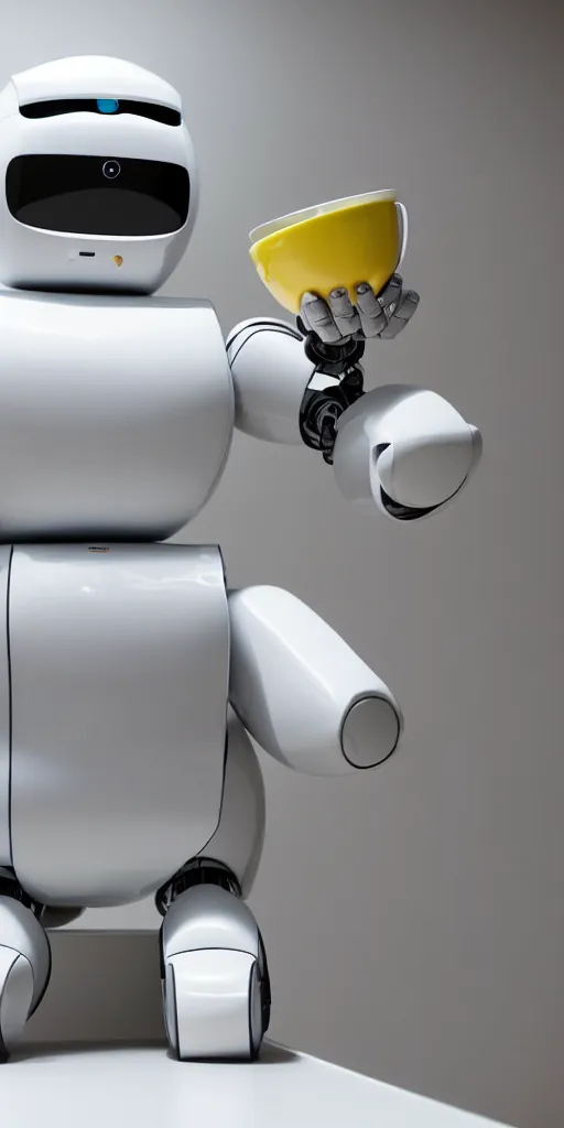 Image similar to Obese Robot who can't reach the top shelf of her cupboard to get her soup, detailed dynamic lighting studio shot