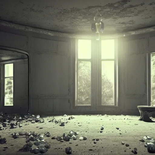 Image similar to a mirror room, full of mirrors, dark, inside abandoned house, 3d render, dynamic light, unreal engine, beautiful Concept art