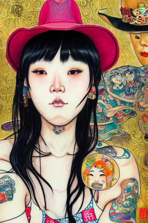 Prompt: full view of taiwanese girl with tattoos, wearing a cowboy hat, style of yoshii chie and hikari shimoda and martine johanna and and gustav klimt and will eisner, highly detailed