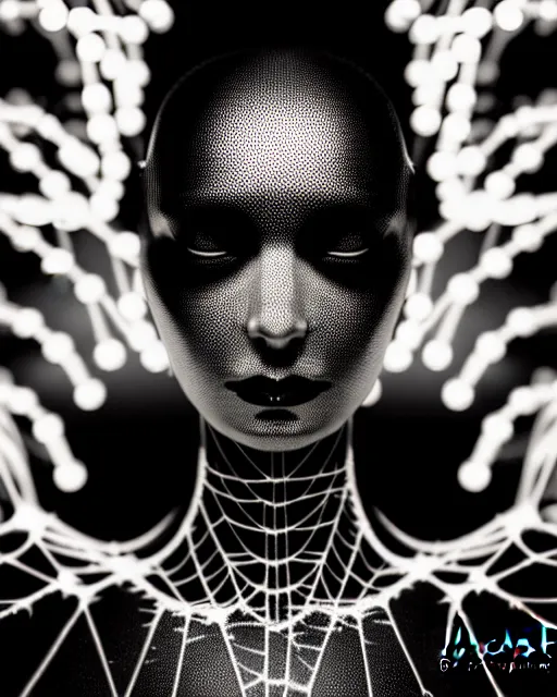 Image similar to black and white cyborg-plant goddess high quality photo, artificial intelligence, bio-mechanical bio-luminescence, artificial complex spider web, neurons, nerve cells, octane render, cinematic, rim light, hyper realism, photo-realistic, high detail, 8k, in the style of Steven Meisel and Dora Maar and H.G. Giger