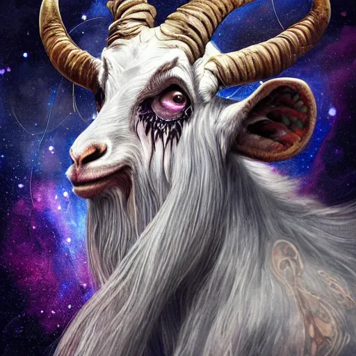 Prompt: a wlop 3 d render of very very very very highly detailed beautiful mystic portrait of a phantom undead goat with whirling galaxy around, tattoos by anton pieck, intricate, extremely detailed, digital painting, artstation, concept art, smooth, sharp focus, illustration, intimidating lighting, incredible art,