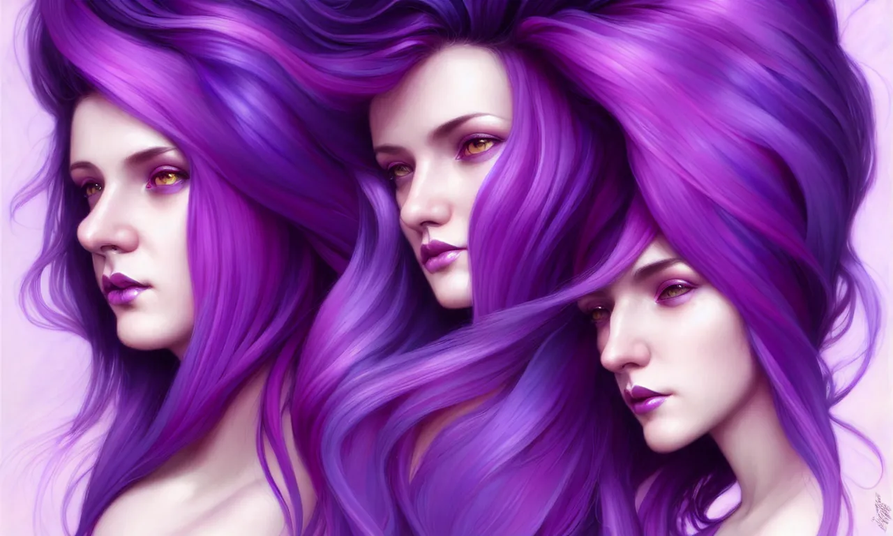 Prompt: Purple hair relistic Portrait of a three woman with bright colored flying hair, all shades of purple. Beauty face, Hair coloring, fantasy, intricate, elegant, highly detailed, digital painting, artstation, concept art, smooth, sharp focus, illustration, art by artgerm and greg rutkowski and alphonse mucha