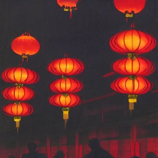 Image similar to night club, five red chinese lanterns, people's silhouettes close up, minimalism, by edward hopper