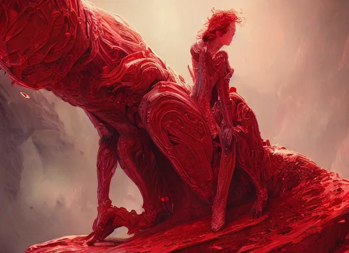 Image similar to woman loves sitting upon a scarlet coloured beast, pain, light effect, hyper detailed, intricate, elegant, highly detailed, digital painting, artstation, concept art, matte, sharp focus, illustration, by james jean, andrei riabovitchev, marc simonetti, yoshitaka amano