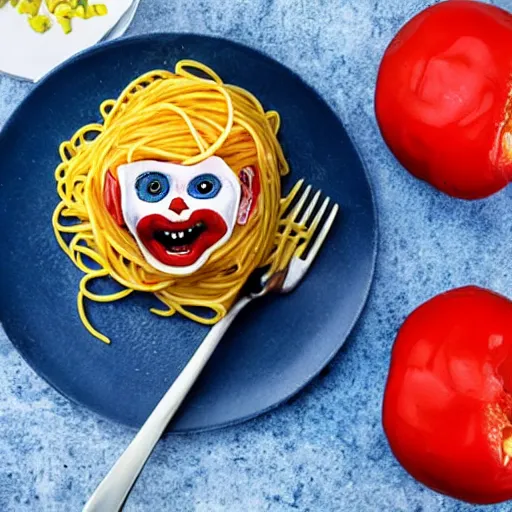 Prompt: spaghetti with meatballs shaped like screaming chucky doll