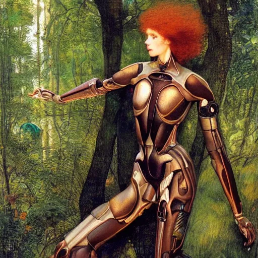 Prompt: beautiful female cyborg with auburn hair and a perfect body, lounging in the Marian forest at dusk, strange insects, by Edgar Maxence and Ross Tran and Michael Whelan and Gustav Klimpt