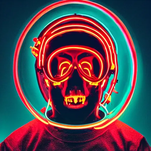 Prompt: astronaut with a skull head standing in front of a neon red glowing ring in space, intricate, epic lighting, cinimatic composition, hyperrealistic,