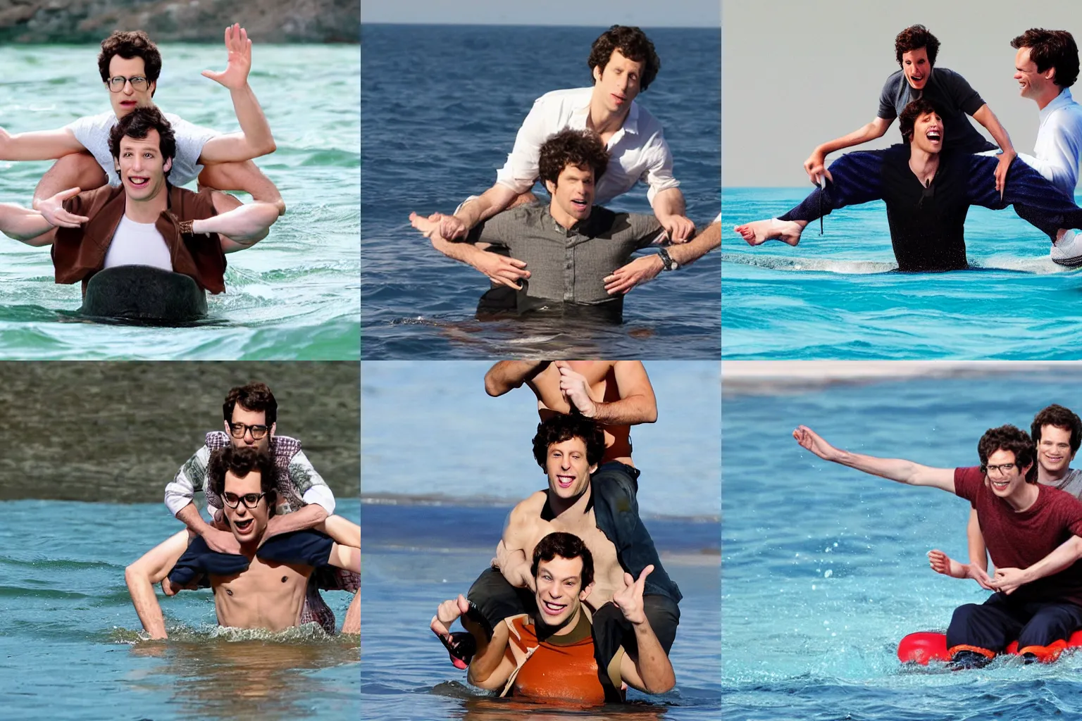 Prompt: andy samberg sitting on bill hader's shoulders walking on water