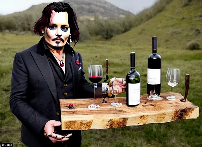 Image similar to jonney depp selling mega pints of wine at a makeshift wood stand, realistic, detailed