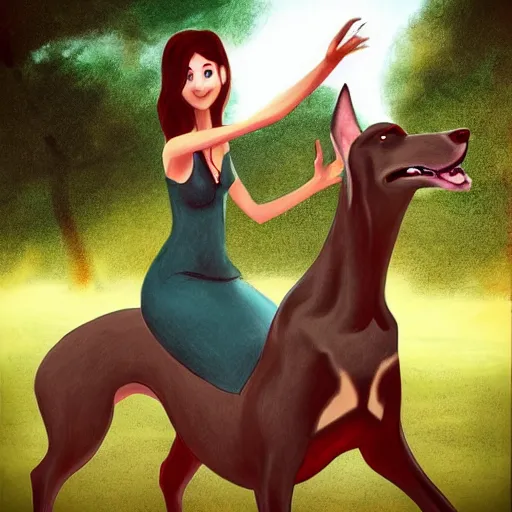 Image similar to girl riding a giant doberman in the park, trending on artstation