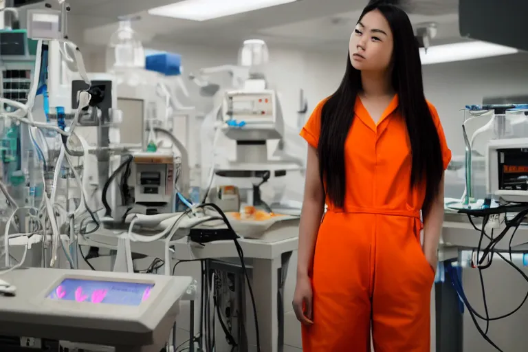 Prompt: a photograph of a beautiful young asian woman wearing an orange prison jumpsuit standing in a laboratory surrounded by sci fi medical equipment, cinematic lighting, sci fi, futuristic