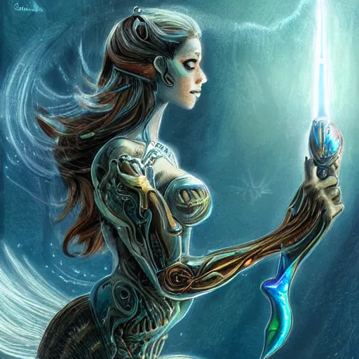 Prompt: mermaid cyborg with a laser whip, realistic, detailed, uncropped, fantasy art