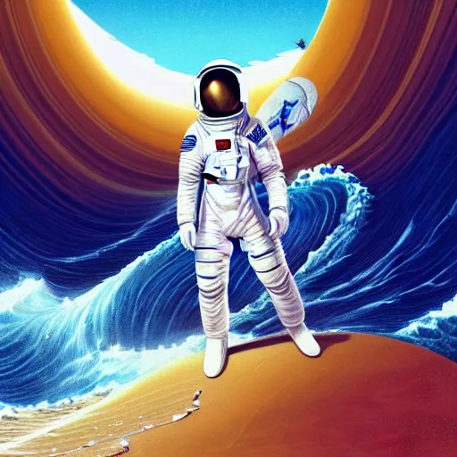 Prompt: a beautiful digital painting of an astronaut in a white and royal blue luxurious space suit surfing the great wave of Kanagawa on a chic surfboard at Pamukkale, thermal waters flowing down gold travertine terraces by greg rutkowski, antelope canyon walls protruding, award winning photo, trending on artstation, highly detailed, unreal engine, octane render