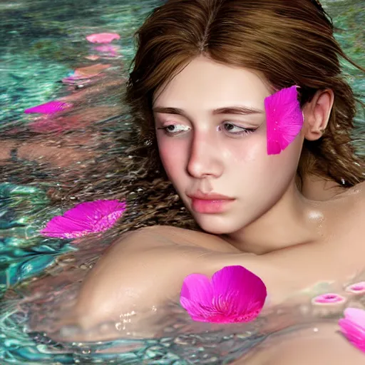 Image similar to epic portrait of a girls face laying in water, surrounded by loose petals, beautiful, high detail, unreal engine, realistic