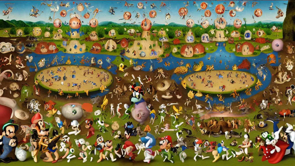 Image similar to garden of earthly delights. super mario. luigi. goomba. power up. digital painting. digital render. hieronymus bosch