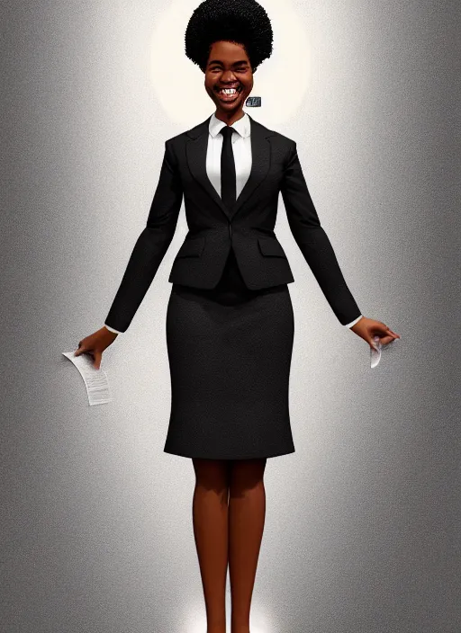 Prompt: full body portrait of young black woman with natural hair as a realtor, corporate skirt suit, intricate, beaming smile, angelic halo, highly detailed, digital painting, artstation, concept art, smooth, sharp focus, illustration, art by wlop, mars ravelo and greg rutkowski
