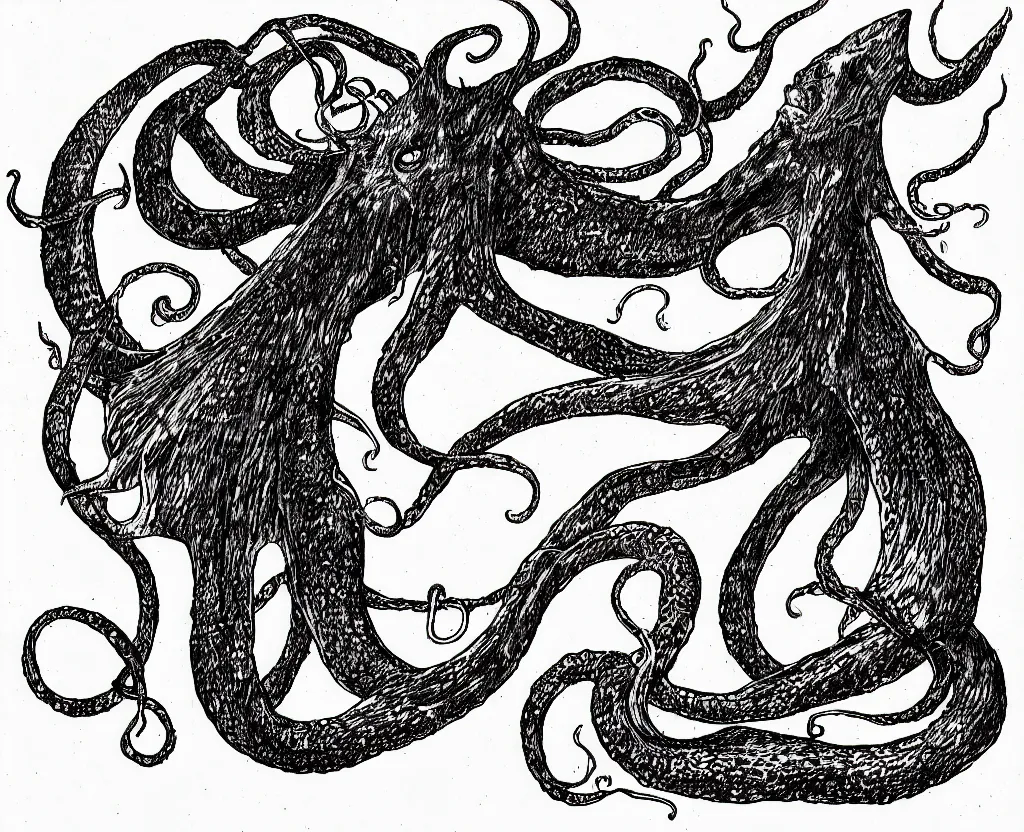 Prompt: a drawing of a giant squid with evil tentacles reaching all around the world, in the style of edward gorey