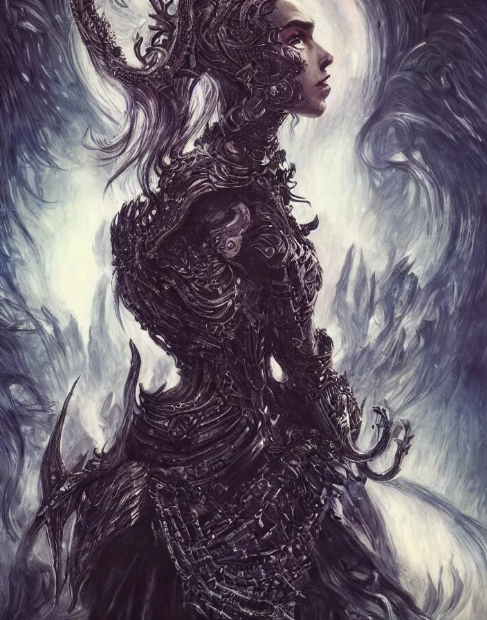 Image similar to an concept art of the dark chaos queen, attractive hair, intricate details, detailed face, detailed clothes, artstation, epic pose, epic background, ambient light, by max ernst and renoir