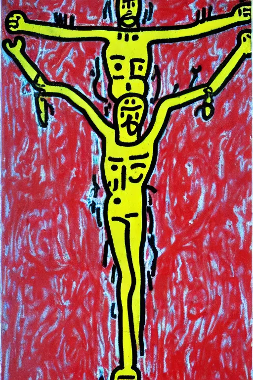 Image similar to bloody jesus christ crucified painted by cy twombly and keith haring