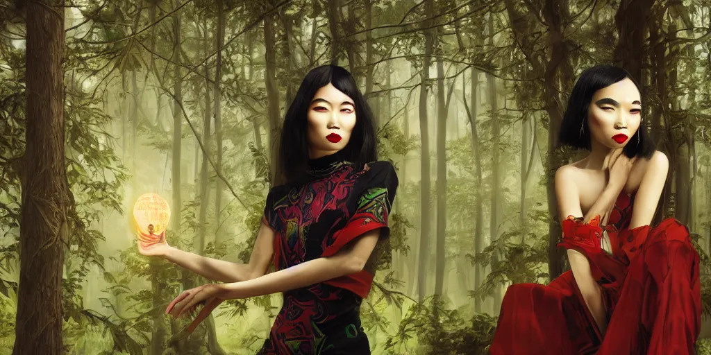 Image similar to giesha demon, innovative avant - garde art, deco fashion, one asian woman!!!, highly detailed, photorealistic portrait by michael chavel, serene forest setting, crisp quality and light reflections, octane render, tarot card with ornate border frame h - 1 0 2 4