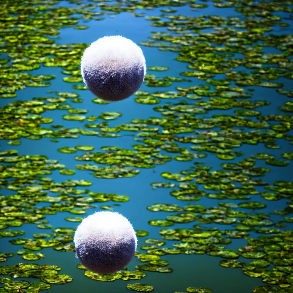 Image similar to a fuzzy orb floating on a pond, calm water, photorealistic, 4 k, detailed, reflection