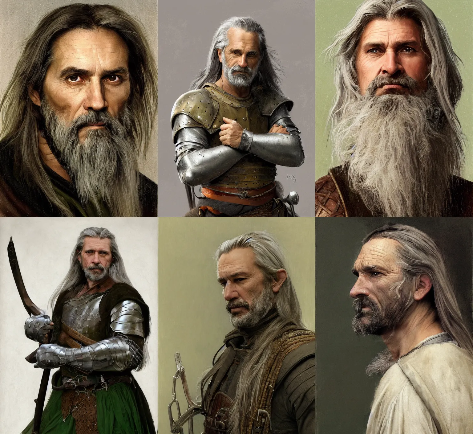 Prompt: medium-length portrait painting of a 40-year-old male hunter with long gray hair in a ponytail, a scraggly goatee, white skin, gray eyes, stern expression, intricate gray-green leather armor, medieval setting, highly detailed, digital painting, artstation, concept art, sharp focus, illustration, art by greg rutkowski + alphonse mucha