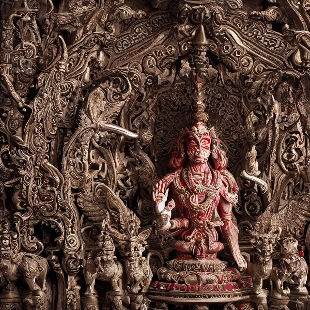 Prompt: blood temple, hindu ornaments, baphomet statue at the center surrounded by angel statues, movie film still, highly detailed, symmetry, award - winning photography, 1 2 0 mm