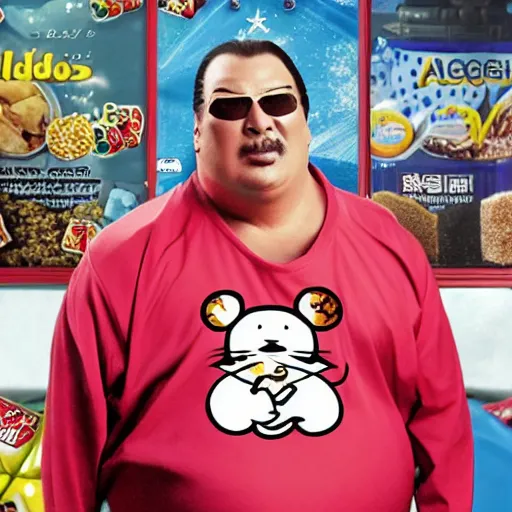 Image similar to obese steven seagal as sponsor of a sugary cereal called aikidos! with mischievous cartoon rat mascot