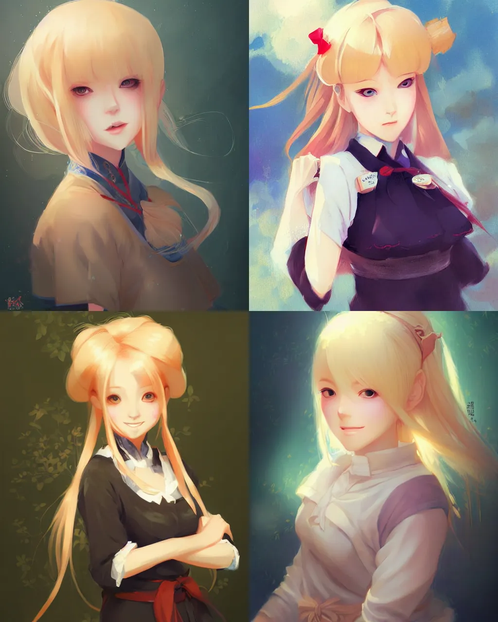 Prompt: girl with blonde hair and maid outfit, a beautiful portrait, japanese animation style, rim light, perfectly shaded, soft painting, art by krossdraws and wenjun lin