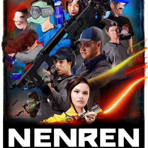 Prompt: Nerf or nothing, promotional art as an action movie poster