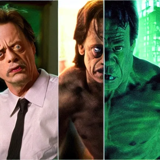 Image similar to steve buscemi as bruce banner turning into the hulk, multiple transformation phases, film still from a movie directed by wachowskis