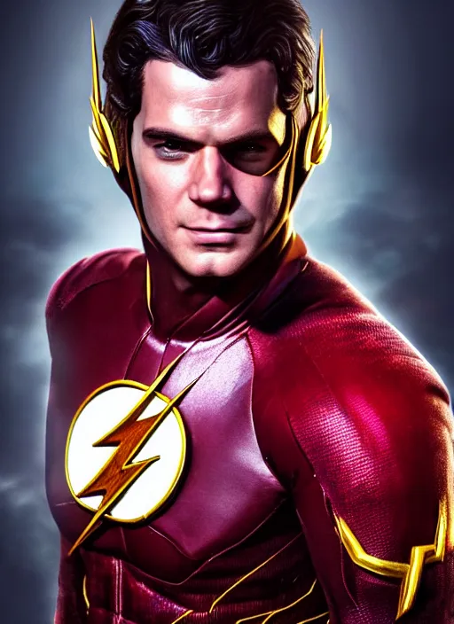 Image similar to An epic fantasy comic book style portrait painting of Henry Cavill as ‘The Flash’, Unreal 5, DAZ, hyperrealistic, octane render, cosplay, RPG portrait, dynamic lighting