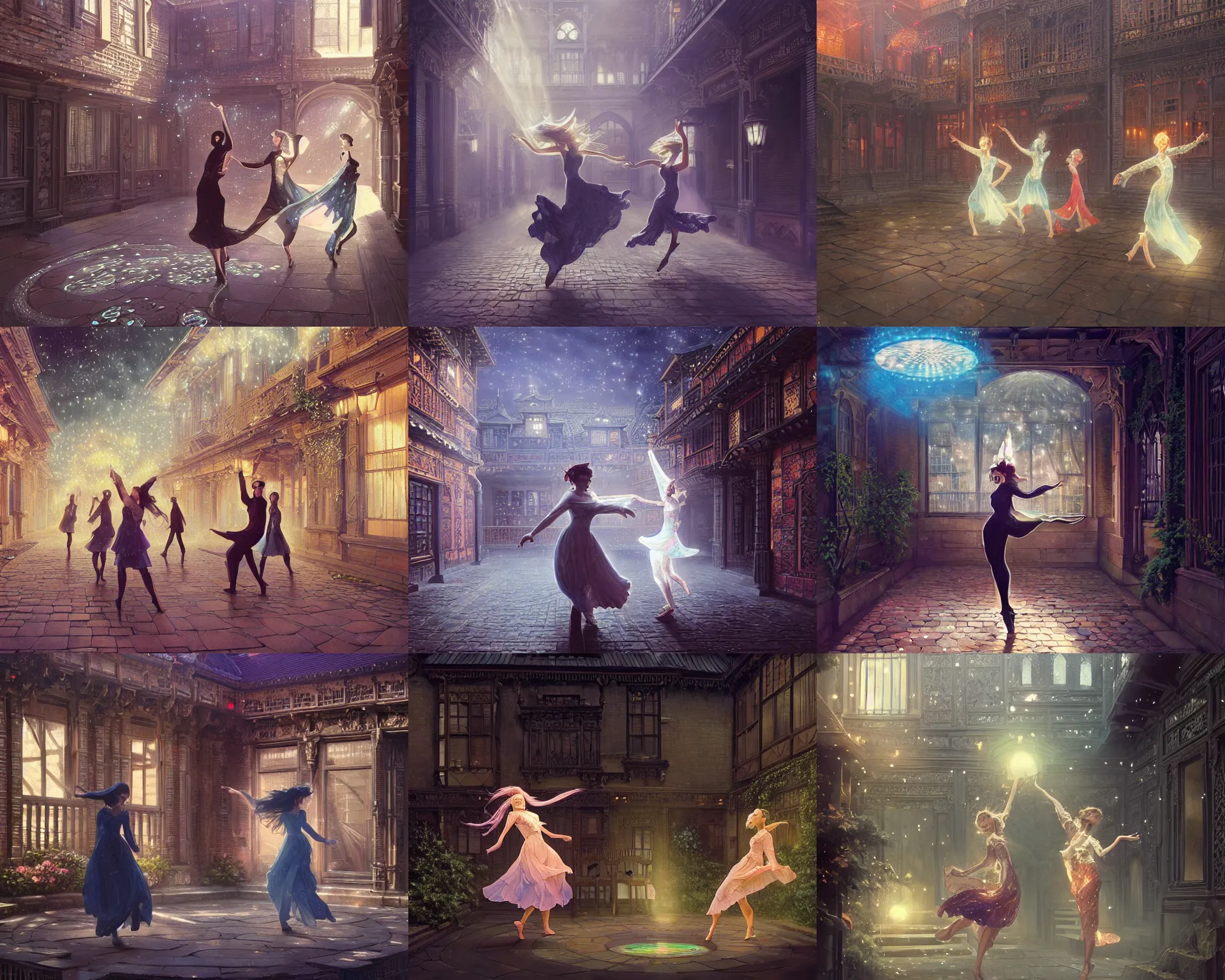 Prompt: dancing holograms on a victorian courtyard, magnificent, close up, details, sharp focus, elegant, highly detailed, illustration, by Jordan Grimmer and greg rutkowski and PiNe(パイネ) and 薯子Imoko and 香川悠作 and wlop and maya takamura, intricate, beautiful, Trending artstation, pixiv, digital Art