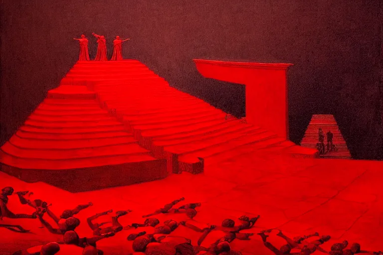 Image similar to only with red, a red melted emperor, taormina amphitheatre, crowd hails him, in the style of beksinski, parts by edward hopper, parts by rodcenko, parts by yue minjun, intricate and epic composition, red by caravaggio, insanely quality, highly detailed, masterpiece, red light, artstation, 4 k