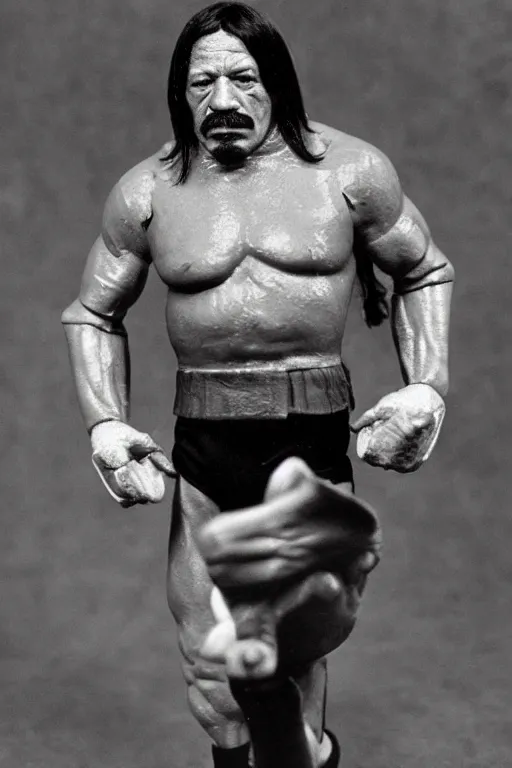 Prompt: daguerreotype of danny trejo as a 1 9 8 0 s wrestling action figure