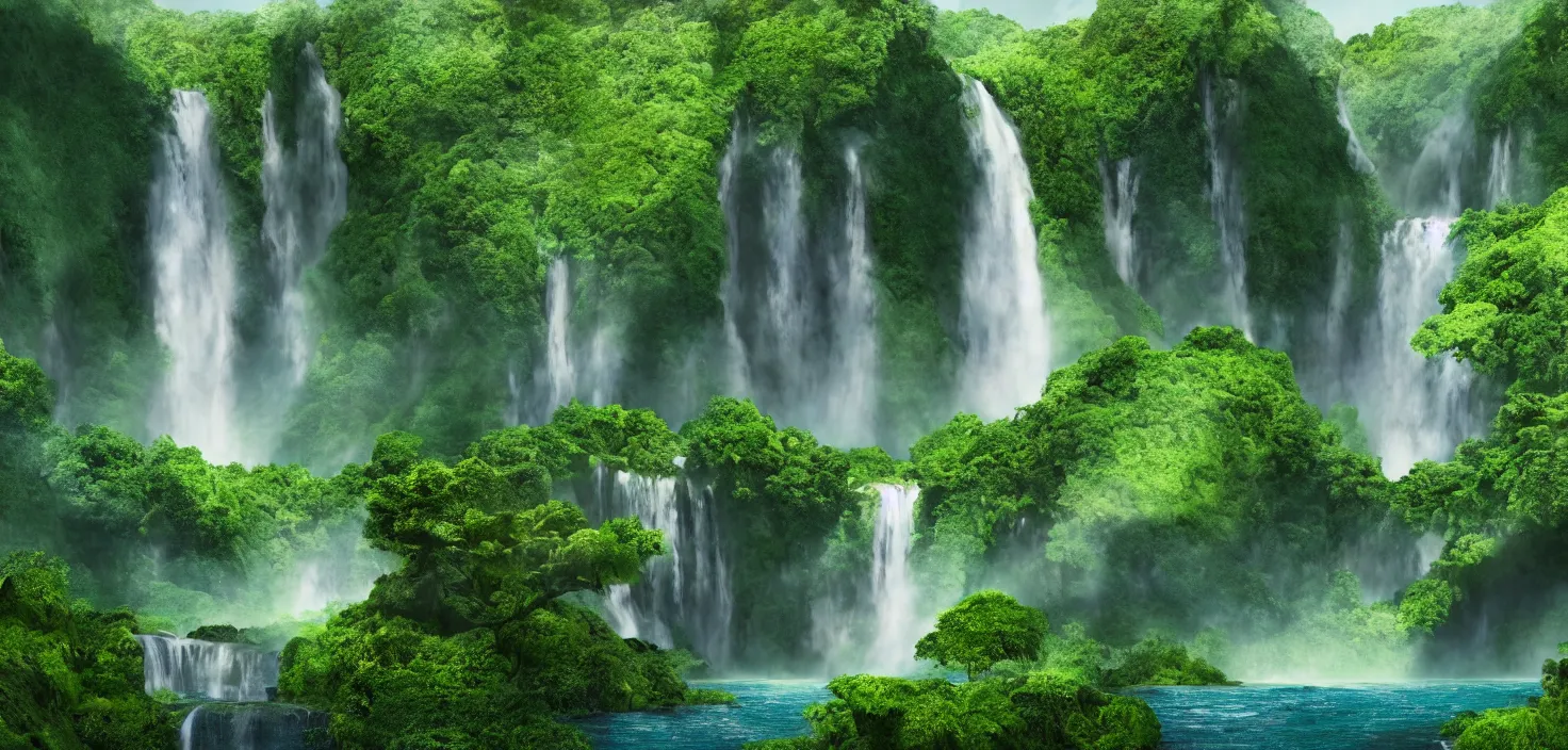 Image similar to a large waterfall in the middle of a green valley, a detailed matte painting by jacob willemszoon de wet, shutterstock contest winner, naturalism, sense of awe, national geographic photo, unreal engine