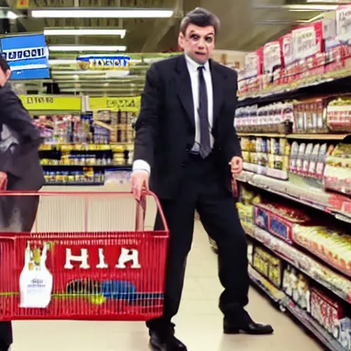 Prompt: rowan atkinson as mr. beans stealing a bananas from target store, johnny english, focused face, realistic photo, uhd