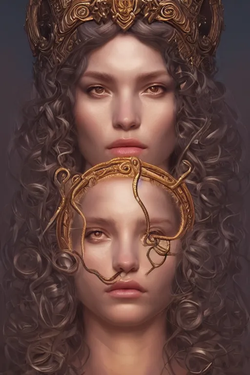 Image similar to highly detailed portrait of an elegant medusa, ornate crown, beautiful symmetrical face, glowing skin, digital painting, artstation, concept art, smooth, clear focus, illustration, greg rutkowski, artgerm, global lighting, detailed and fantasy