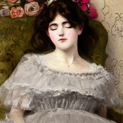 Image similar to victorian girl in ball gown sleeping, painting by alfred stevens