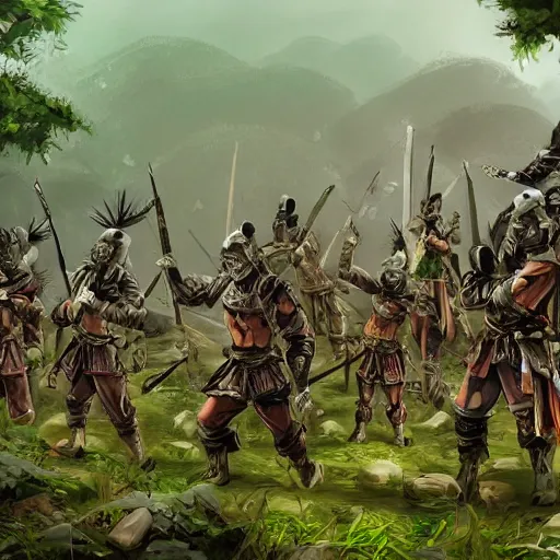 Image similar to an army of samurai standing in the ruins of a destroyed monastery, they are in a jungle with vines everywhere, digital art, artstationhq