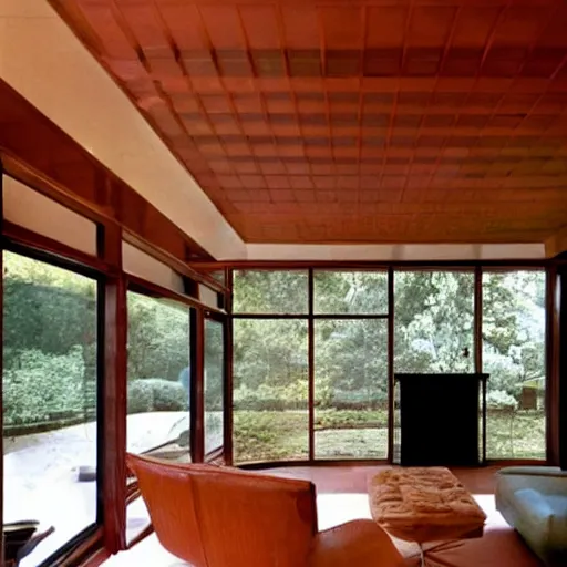 Image similar to mid century sunken living room, fireplace, big windows, frank lloyd wright