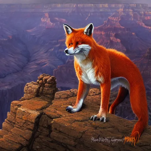 Image similar to Red Puma Fox Beast Chimera Hybrid collar wearing feather crest paws fingernails whiskers snacks tail eyes furry fuzzy standing atop grand canyon greg rutkowski greg danton tony sart raymond swanland chris foss chris cold christophe norman rockwell young acrylic 4k artstation wikiart wikipedia realism tilt-shift aspca adoption research