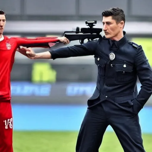 Image similar to robert lewandowski with a gun, shooting at policemen